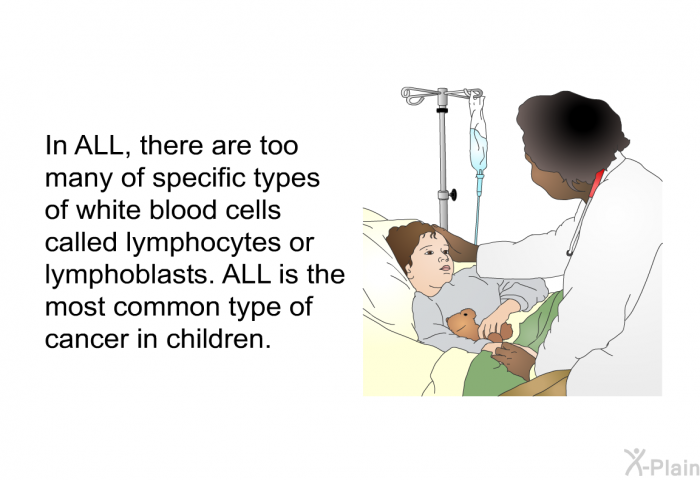 In ALL, there are too many of specific types of white blood cells called lymphocytes or lymphoblasts. ALL is the most common type of cancer in children.