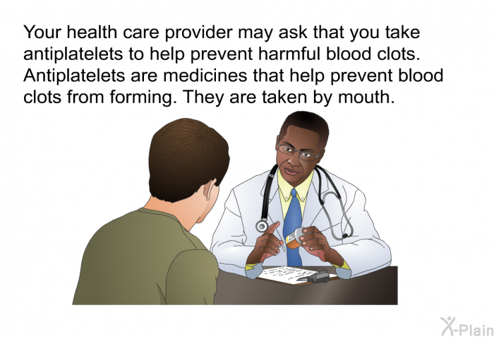 Your health care provider may ask that you take antiplatelets to help prevent harmful blood clots. Antiplatelets are medicines that help prevent blood clots from forming. They are taken by mouth.