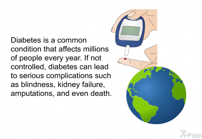 Diabetes is a common condition that affects millions of people every year. If not controlled, diabetes can lead to serious complications such as blindness, kidney failure, amputations, and even death.