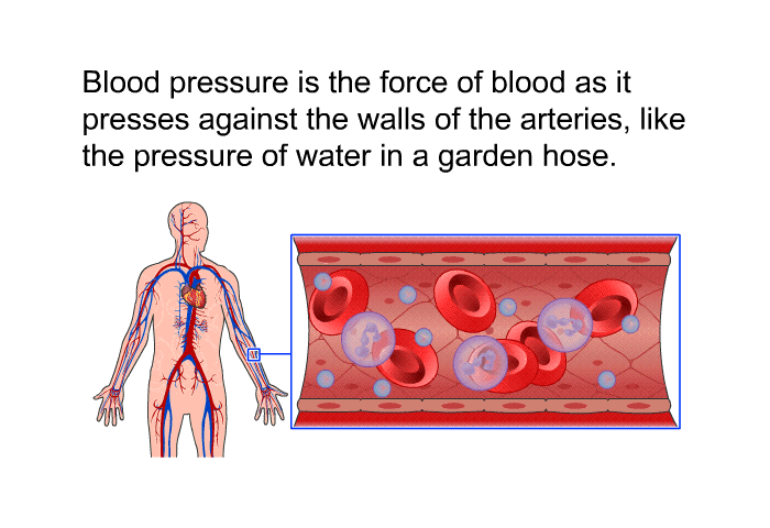 Blood pressure is the force of blood as it presses against the walls of the arteries, like the pressure of water in a garden hose.