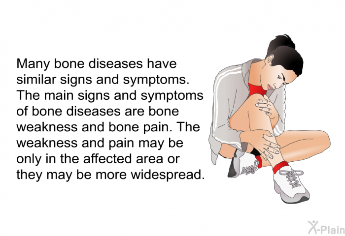 Many bone diseases have similar signs and symptoms. The main signs and symptoms of bone diseases are bone weakness and bone pain. The weakness and pain may be only in the affected area or they may be more widespread.