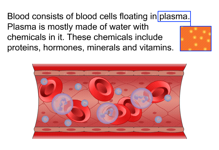 Blood consists of blood cells floating in plasma. Plasma is mostly made of water with chemicals in it. These chemicals include proteins, hormones, minerals and vitamins.