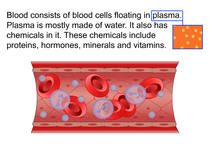 Blood consists of blood cells floating in plasma. Plasma is mostly made of water. It also has chemicals in it. These chemicals include proteins, hormones, minerals and vitamins.