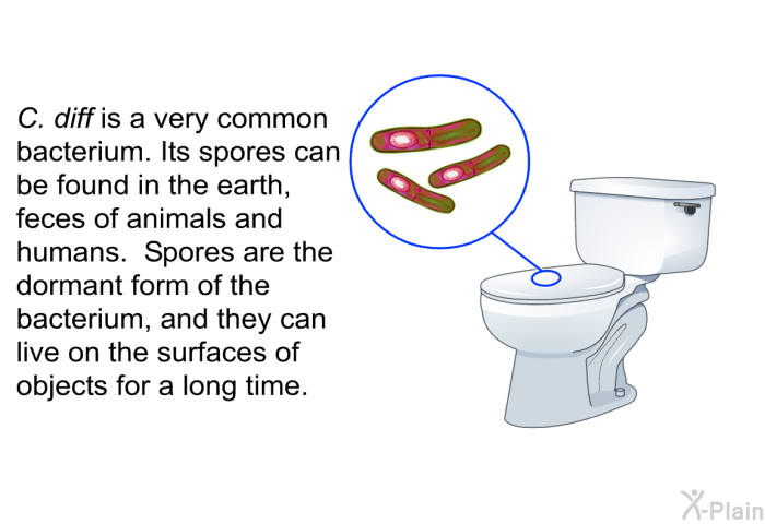 C. <I>diff </I>is a very common bacterium. Its spores can be found in the earth, feces of animals and humans. Spores are the dormant form of the bacterium, and they can live on the surfaces of objects for a long time.