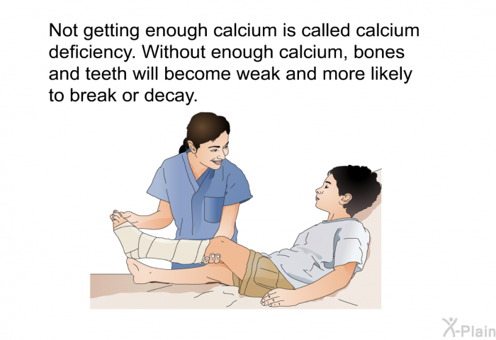 Not getting enough calcium is called calcium deficiency. Without enough calcium, bones and teeth will become weak and more likely to break or decay.