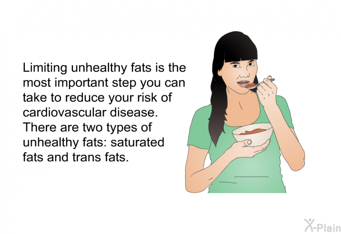 Limiting unhealthy fats is the most important step you can take to reduce your risk of cardiovascular disease. There are two types of unhealthy fats: saturated fats and trans fats.