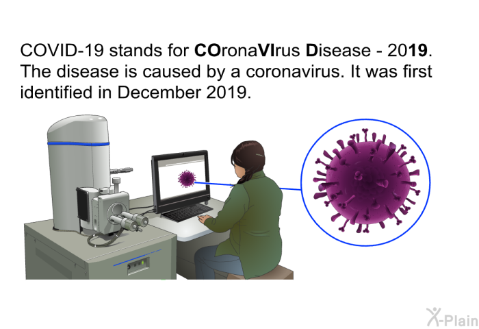 COVID-19 stands for <B>CO</B>rona<B>VI</B>rus <B>D</B>isease - 20<B>19</B>. The disease is caused by a coronavirus. It was first identified in December 2019.