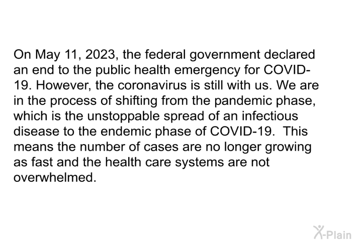 On May 11, 2023, the federal government declared an end to the public health emergency for COVID-19. However, the coronavirus is still with us. We are in the process of shifting from the pandemic phase, which is the unstoppable spread of an infectious disease to the endemic phase of COVID-19. This means the number of cases are no longer growing as fast and the health care systems are not overwhelmed.