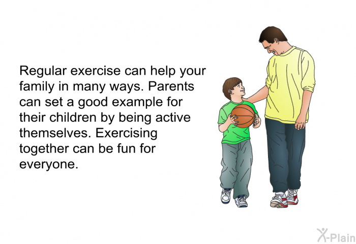 Regular exercise can help your family in many ways. Parents can set a good example for their children by being active themselves. Exercising together can be fun for everyone.