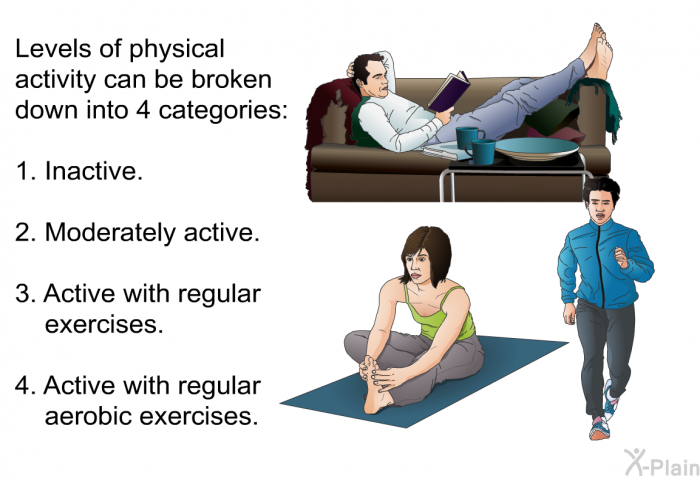 Levels of physical activity can be broken down into 4 categories:  Inactive. Moderately active. Active with regular exercises. Active with regular aerobic exercises.