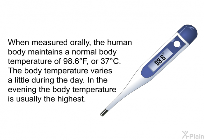 When measured orally, the human body maintains a normal body temperature of 98.6°F, or 37°C. The body temperature varies a little during the day. In the evening the body temperature is usually the highest.
