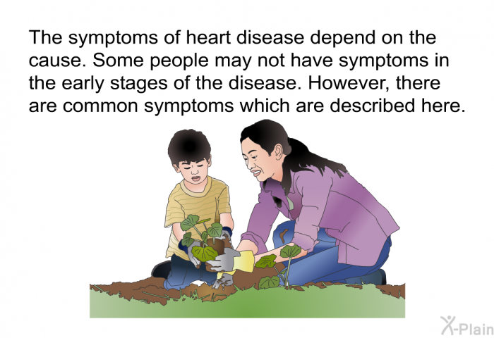The symptoms of heart disease depend on the cause. Some people may not have symptoms in the early stages of the disease. However, there are common symptoms which are described here.