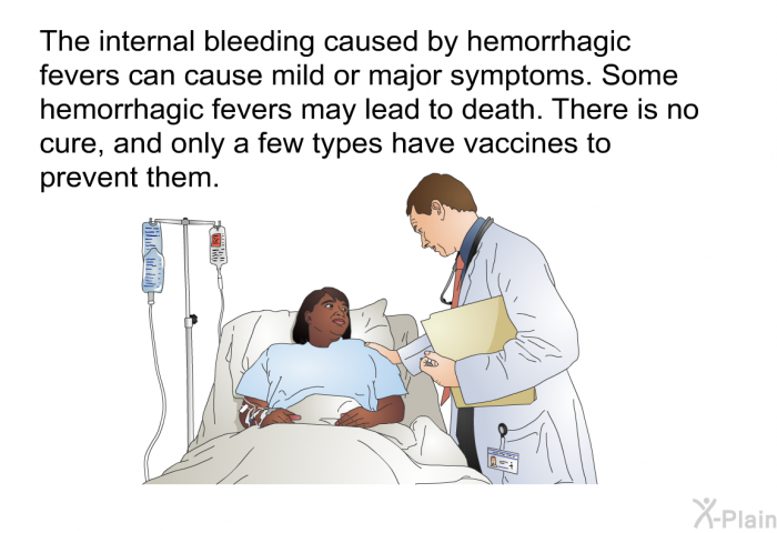 The internal bleeding caused by hemorrhagic fevers can cause mild or major symptoms. Some hemorrhagic fevers may lead to death. There is no cure, and only a few types have vaccines to prevent them.