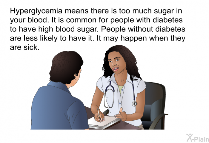 Hyperglycemia means there is too much sugar in your blood. It is common for people with diabetes to have high blood sugar. People without diabetes are less likely to have it. It may happen when they are sick.