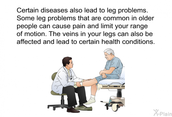 Certain diseases also lead to leg problems. Some leg problems that are common in older people can cause pain and limit your range of motion. The veins in your legs can also be affected and lead to certain health conditions.