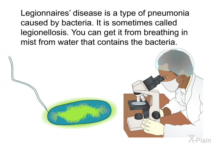 Legionnaires' disease is a type of pneumonia caused by bacteria. It is sometimes called legionellosis. You can get it from breathing in mist from water that contains the bacteria.