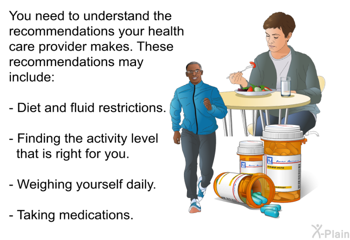 You need to understand the recommendations your health care provider makes. These recommendations may include:   Diet and fluid restrictions.  Finding the activity level that is right for you.  Weighing yourself daily. Taking medications.