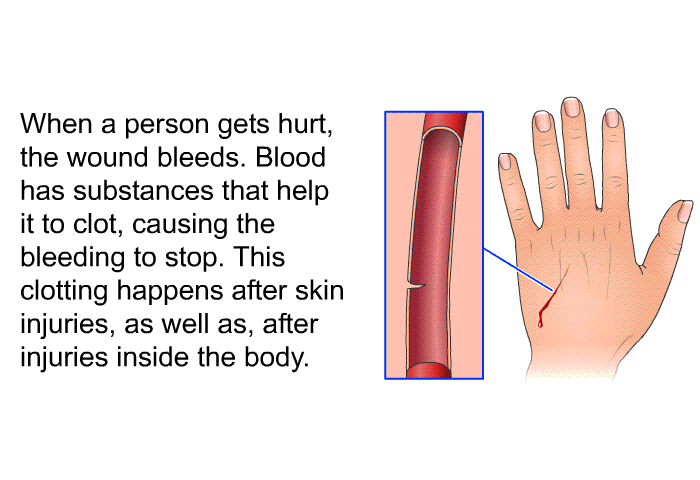 When a person gets hurt, the wound bleeds. Blood has substances that help it to clot, causing the bleeding to stop. This clotting happens after skin injuries, as well as, after injuries inside the body.