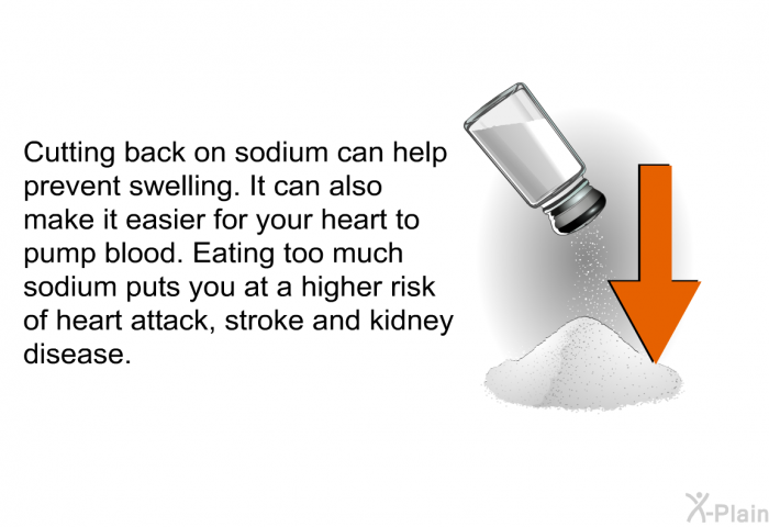 Cutting back on sodium can help prevent swelling. It can also make it easier for your heart to pump blood. Eating too much sodium puts you at a higher risk of heart attack, stroke and kidney disease.