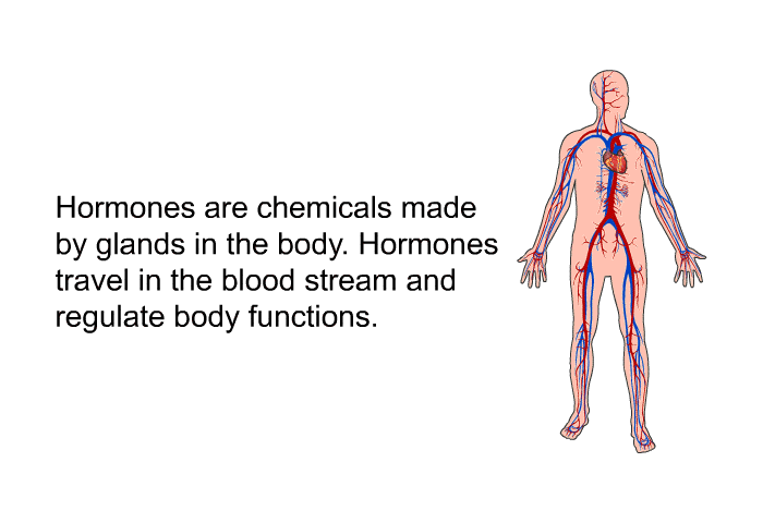 Hormones are chemicals made by glands in the body. Hormones travel in the blood stream and regulate body functions.