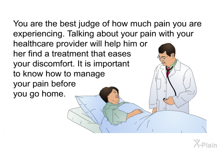 You are the best judge of how much pain you are experiencing. Talking about your pain with your healthcare provider will help him or her find a treatment that eases your discomfort. It is important to know how to manage your pain before you go home.