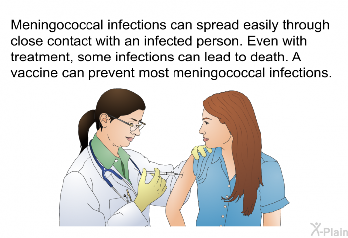 Meningococcal infections can spread easily through close contact with an infected person. Even with treatment, some infections can lead to death. A vaccine can prevent most meningococcal infections.