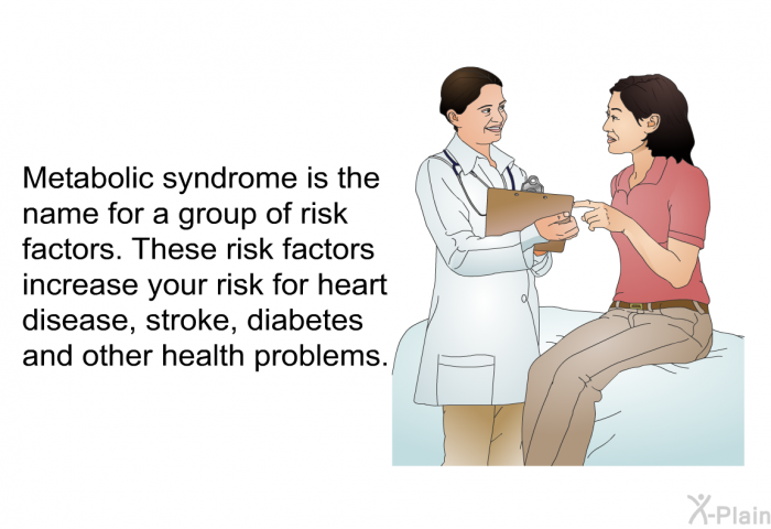 Metabolic syndrome is the name for a group of risk factors. These risk factors increase your risk for heart disease, stroke, diabetes and other health problems.