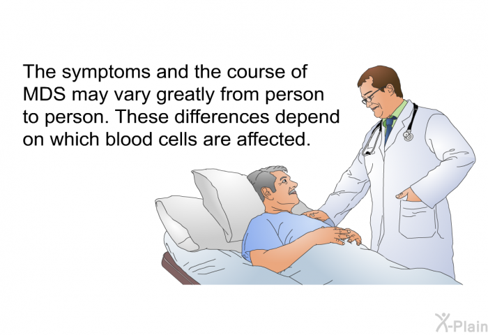 The symptoms and the course of MDS may vary greatly from person to person. These differences depend on which blood cells are affected.