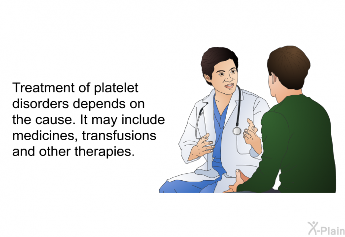 Treatment of platelet disorders depends on the cause. It may include medicines, transfusions and other therapies.