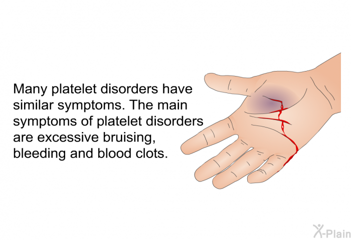 Many platelet disorders have similar symptoms. The main symptoms of platelet disorders are excessive bruising, bleeding and blood clots.