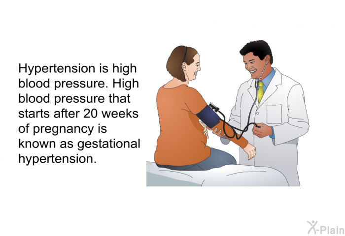 Hypertension is high blood pressure. High blood pressure that starts after 20 weeks of pregnancy is known as gestational hypertension.