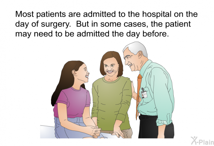 Most patients are admitted to the hospital on the day of surgery. But in some cases, the patient may need to be admitted the day before.