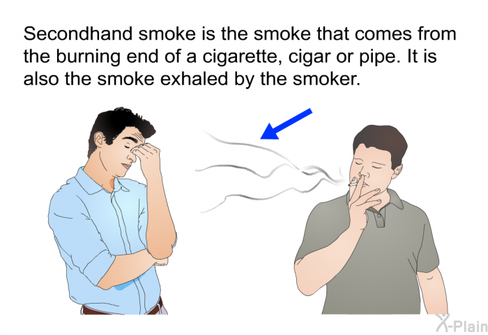 Secondhand smoke is the smoke that comes from the burning end of a cigarette, cigar or pipe. It is also the smoke exhaled by the smoker.