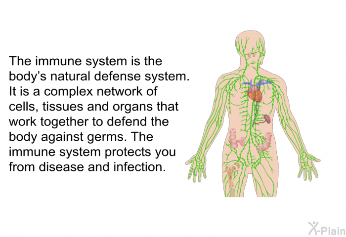 The immune system is the body's natural defense system. It is a complex network of cells, tissues and organs that work together to defend the body against germs. The immune system protects you from disease and infection.