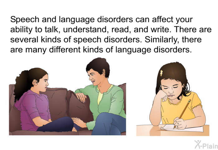 Speech and language disorders can affect your ability to talk, understand, read, and write. There are several kinds of speech disorders. Similarly, there are many different kinds of language disorders.