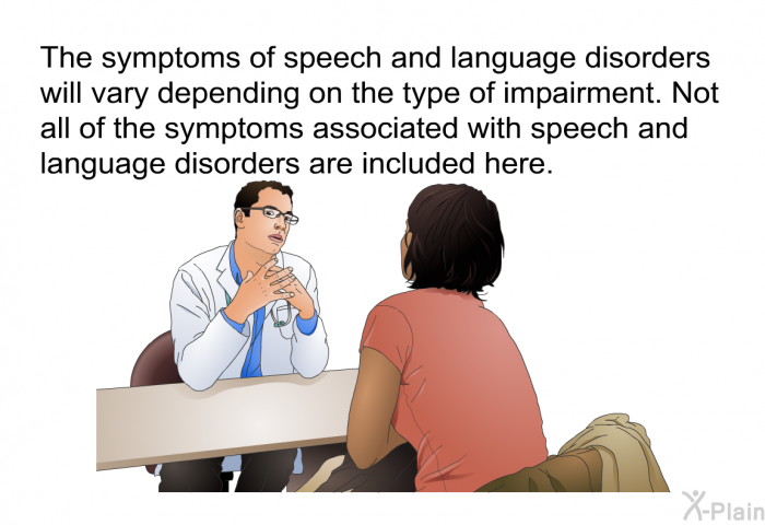 The symptoms of speech and language disorders will vary depending on the type of impairment. Not all of the symptoms associated with speech and language disorders are included here.