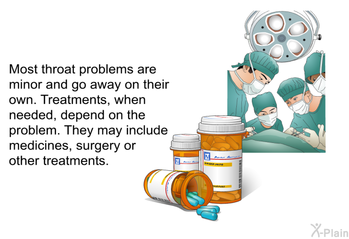 Most throat problems are minor and go away on their own. Treatments, when needed, depend on the problem. They may include medicines, surgery or other treatments.