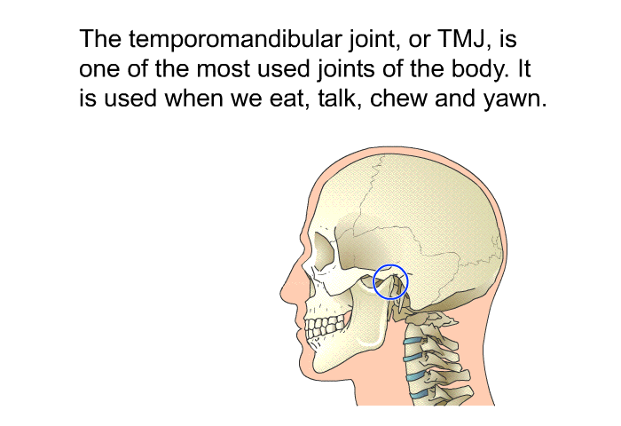 The temporomandibular joint, or TMJ, is one of the most used joints of the body. It is used when we eat, talk, chew and yawn.