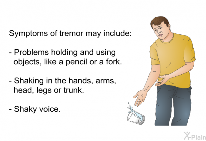 Symptoms of tremor may include:  Problems holding and using objects, like a pencil or a fork. Shaking in the hands, arms, head, legs or trunk. Shaky voice.