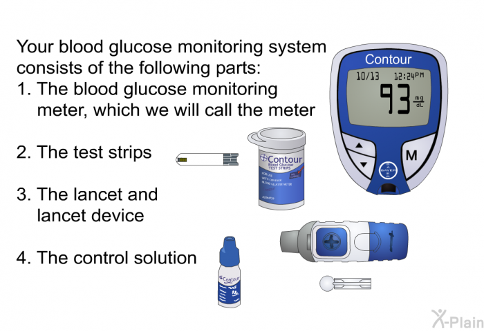 Your blood glucose monitoring system consists of the following parts:  The blood glucose monitoring meter, which we will call the meter The test strips The lancet and lancet device The control solution