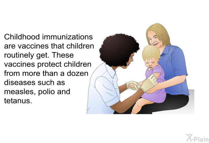 Childhood immunizations are vaccines that children routinely get. These vaccines protect children from more than a dozen diseases such as measles, polio and tetanus.
