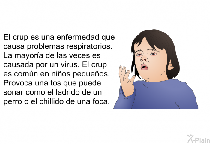 El crup es una enfermedad que causa problemas respiratorios. La mayora de las veces es causada por un virus. El crup es comn en nios pequeos. Provoca una tos que puede sonar como el ladrido de un perro o el chillido de una foca.