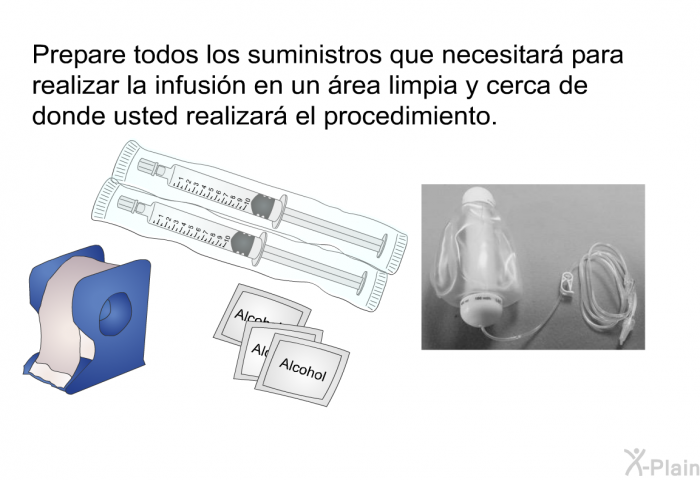 Prepare todos los suministros que necesitar para realizar la infusin en un rea limpia y cerca de donde usted realizar el procedimiento.