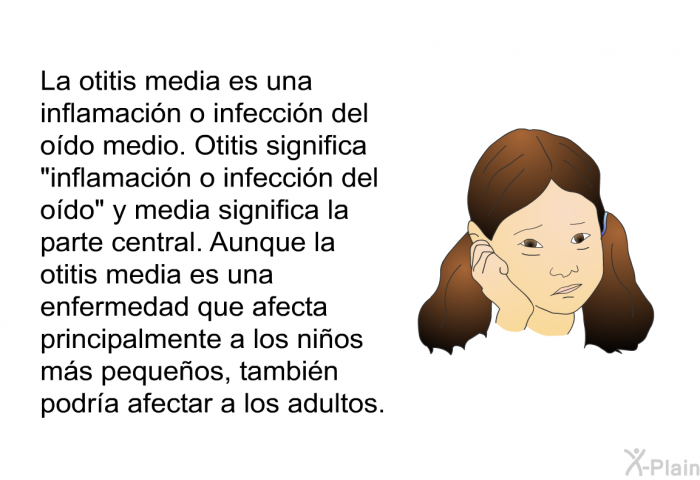 La otitis media es una inflamacin o infeccin del odo medio. <I>Otitis</I> significa “inflamacin o infeccin del odo”  y <I>media</I> significa la parte central. Aunque la otitis media es una enfermedad que afecta principalmente a los nios ms pequeos, tambin podra afectar a los adultos.