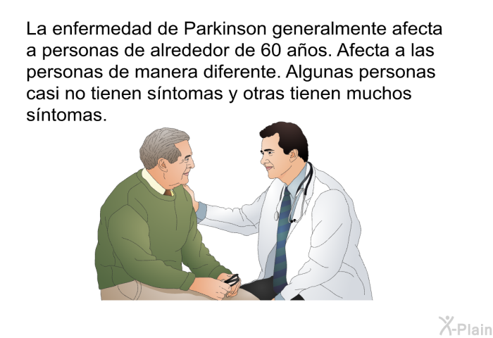 La enfermedad de Parkinson generalmente afecta a personas de alrededor de 60 aos. Afecta a las personas de manera diferente. Algunas personas casi no tienen sntomas y otras tienen muchos sntomas.