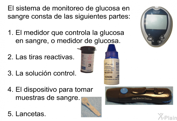El sistema de monitoreo de glucosa en sangre consta de las siguientes partes:  El medidor que controla la glucosa en sangre, o medidor de glucosa. Las tiras reactivas. La solucin control. El dispositivo para tomar muestras de sangre. Lancetas.